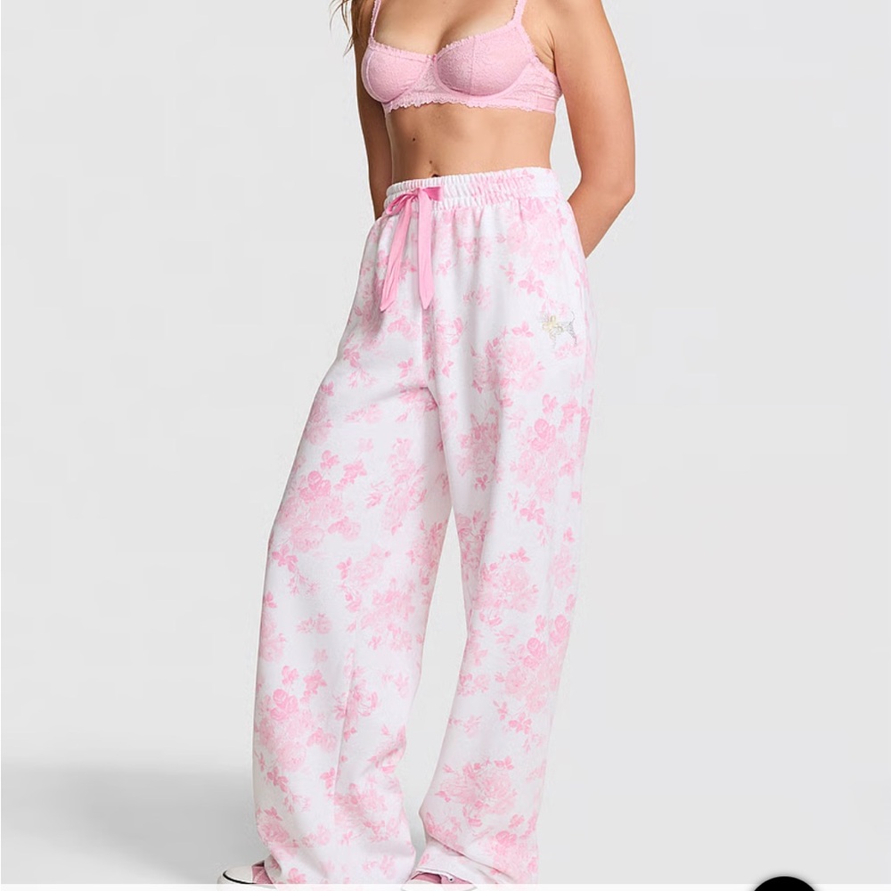 NWT LoveShackFancy x PINK Victoria's Secret White and Pink Floral Wide Leg Pants
